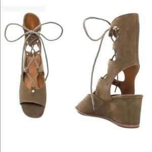 Chloe Olive Suede Lace-Up Cutout Wedge Sandals